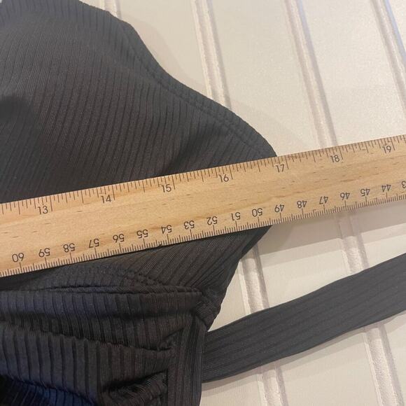 Women’s Black Ribbed One Piece Swimsuit L Criss Cross Tie Back High Cut Retro - Picture 5 of 10